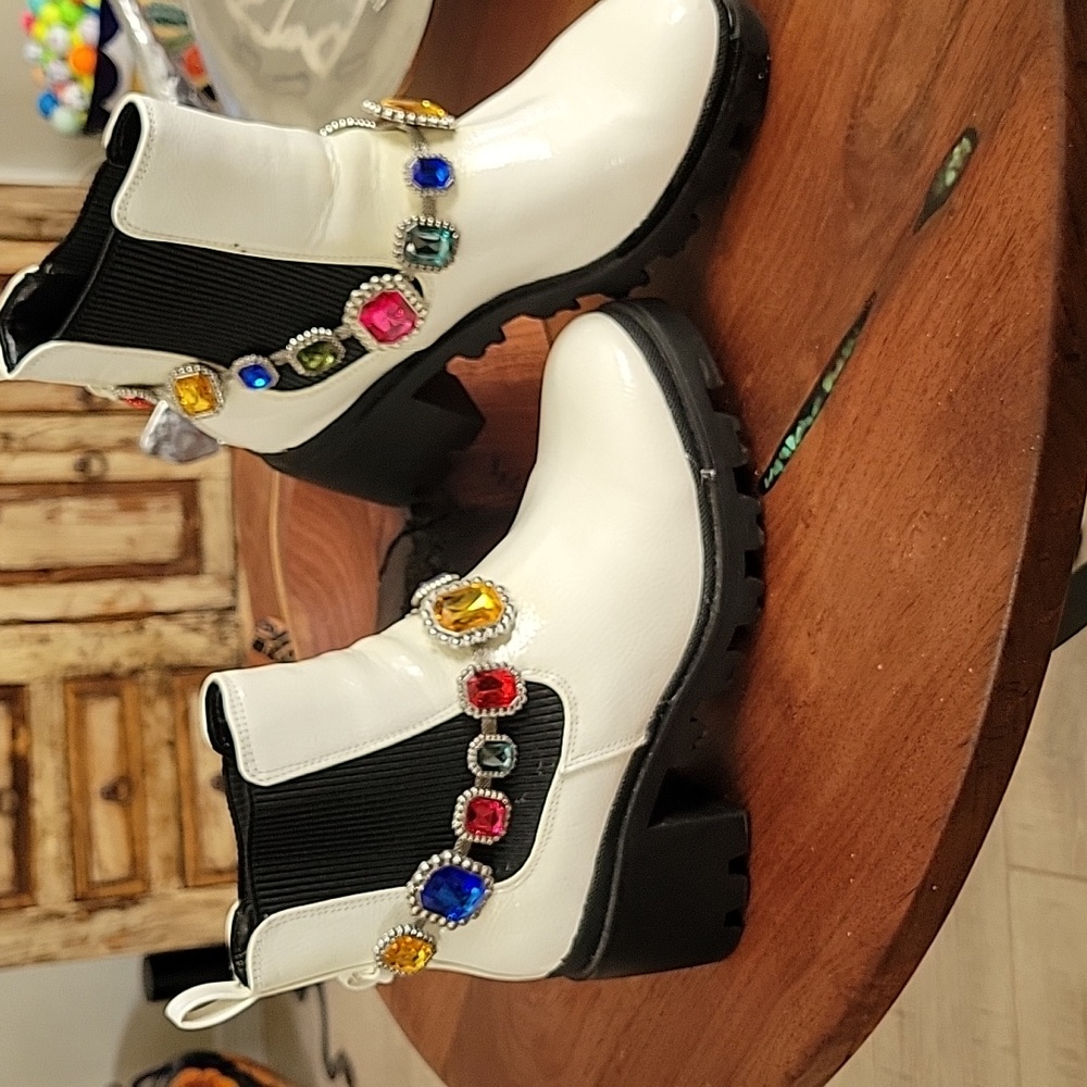 Betsey Johnson Jenesis Jeweled Moto Booties, Patent White, Pull On, Lug Sole 8 M